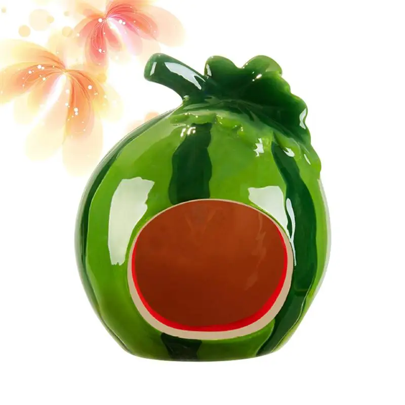 1PC Cute Cartoon Kawaii Lovely Decorative Ceramic Watermelon Shape Hamster Home House Summer Cave Pet Supplies