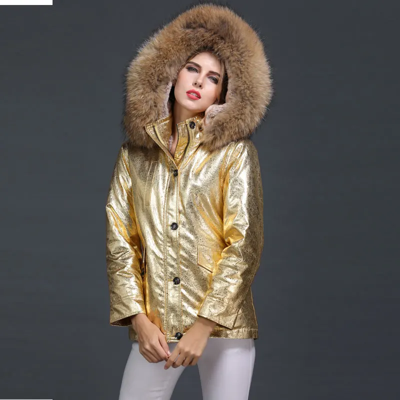 Золотая Кожаная Короткая Меховая парка натуральный мех енота толстовки mr or MS зимнее пуховое меховое пальто