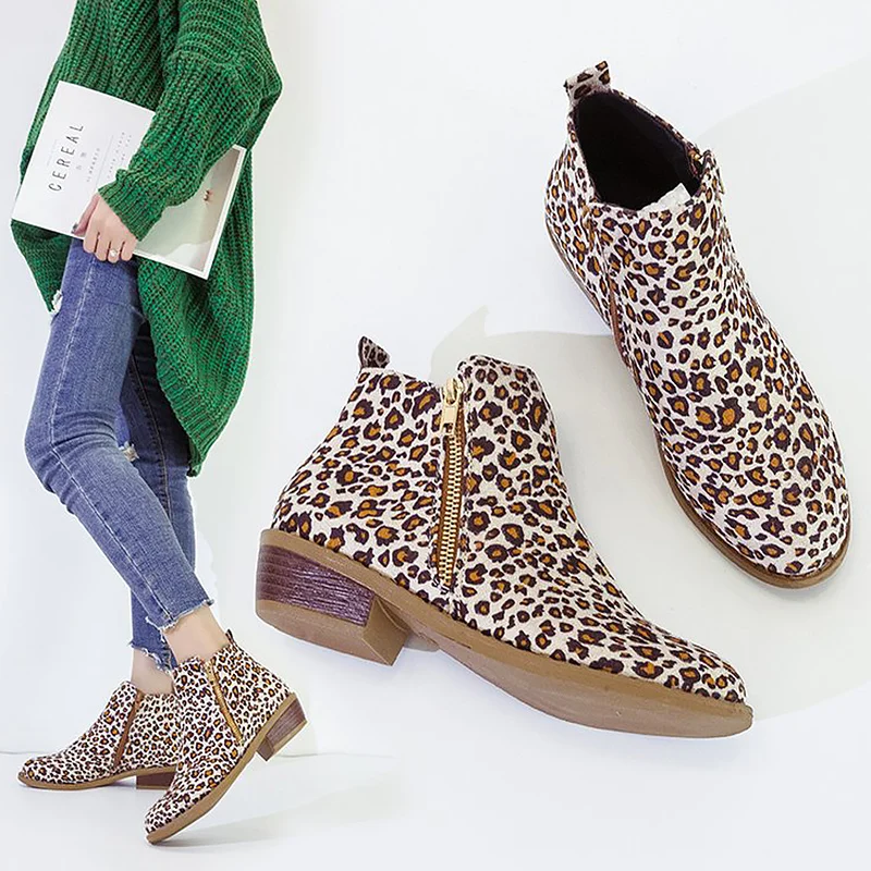 

Fashion Leopard Ankle Boot Spring/Autumn Wedges Plus Size 43 PU Leather Comfortable Casual Pointe Shoes Women Zipper