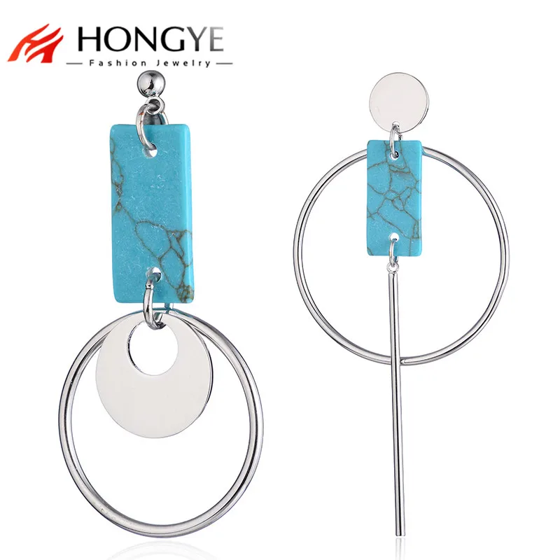 

HONGYE New Style Women Blue White Stone Drop Earrings Vintage Alloy Double Round Circle Dangle Earrings Lady Fashion Jewelry
