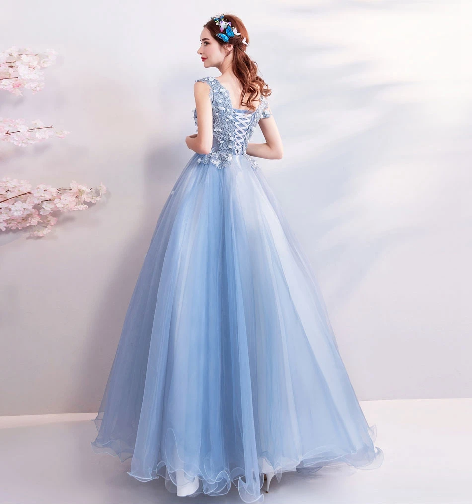 Blue Evening Dresses Elegant V Neck Lace Applique Beads Crystal A line Sleeveless Long Prom Gown Graduation Walk Beside You