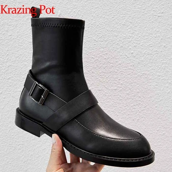 

Krazing pot genuine leather buckle strap women brand ankle boots round toe British school young lady preppy Chelsea boots L09