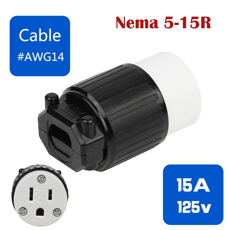 

US Nema 5-15R UL 3 Prong Male Female AC Power Plug Industrial Wiring Connector Plug DIY Rewirable Socket 15A 125V