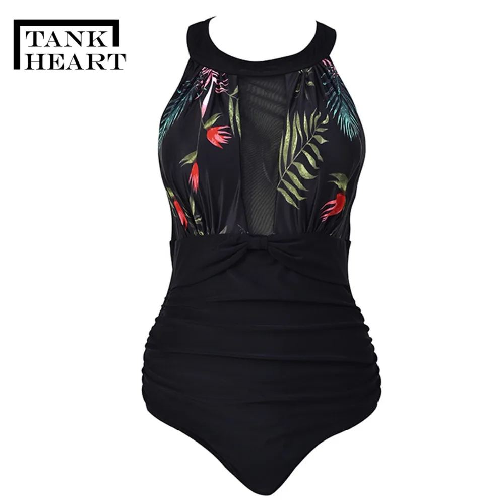 Womens Mesh Tank Bathing Suit Tropical Print Swimwear with