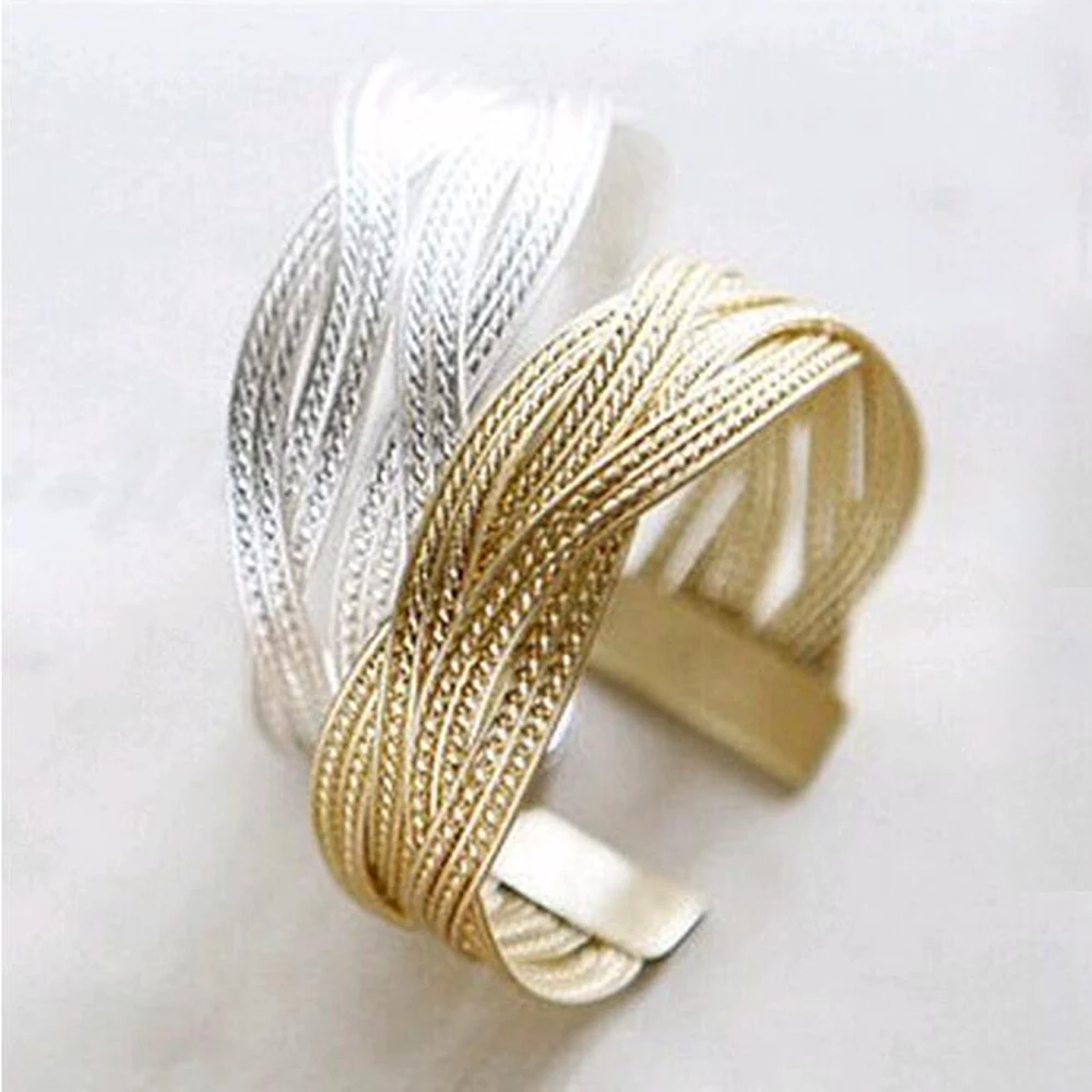 

Hot sale fashon women knitted twisted metal rattan Bracelets & Bangles Femininas Alloy Wide Big Bangles For Women free shipping