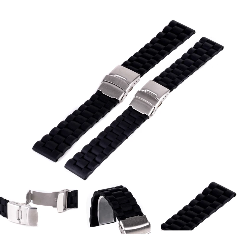 Shellhard 20mm 22mm Black Silicone Watch Strap Rubber Wrist Watch Strap Band Stainless Steel  Deployment Buckle Black