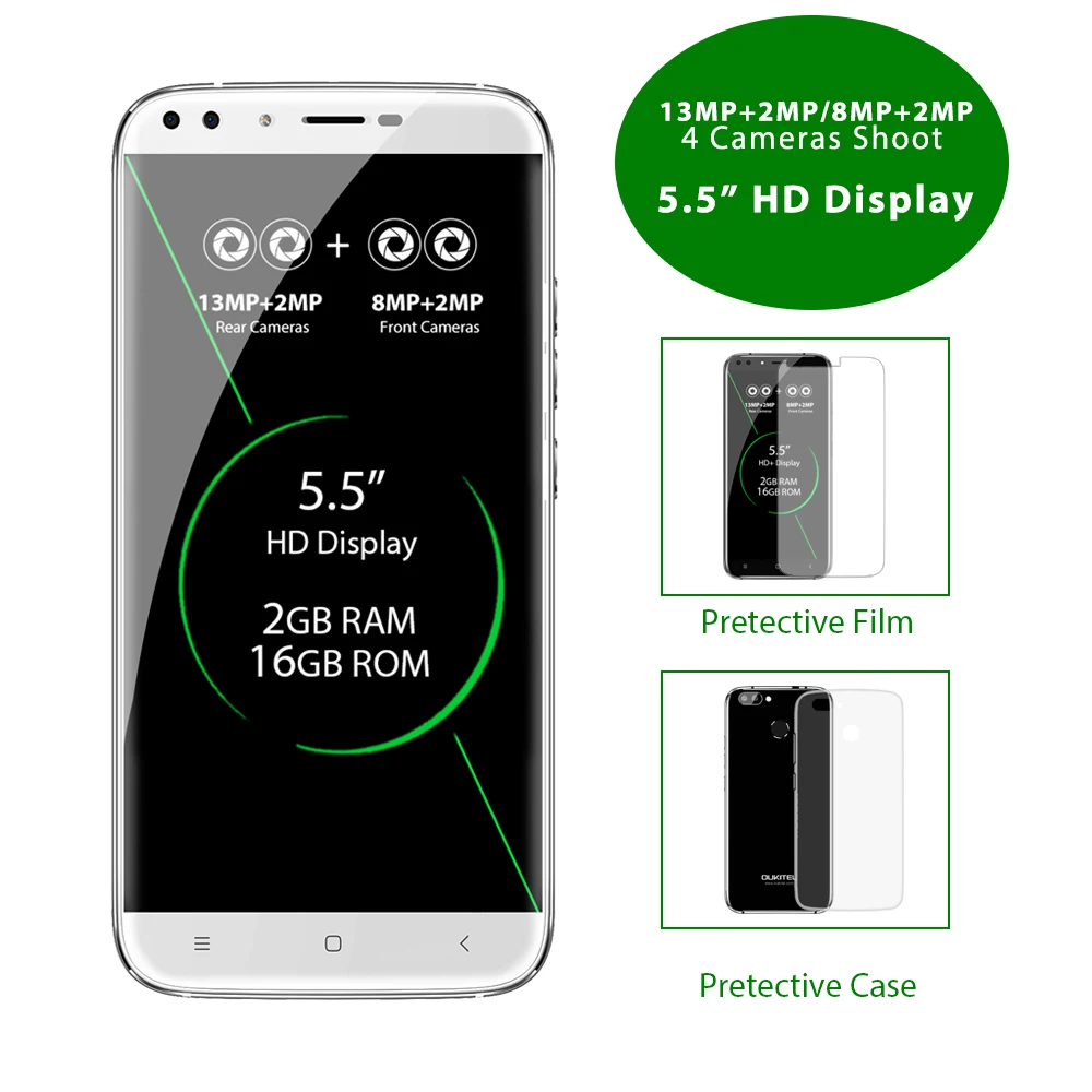 Oukitel U22 Смартфон Android 7 0 3g 5 ''четыре Камера 8.0MP + 5MP 2 ГБ 16 Гб 2700 мА/ч 4 ядра MTK6580
