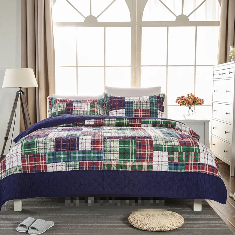 

Free shipping American British lattice plaid style 3pcs patchwork quilt full/queen size aircondition bed cover/bedspread bubu