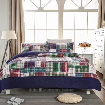 

Free shipping British lattice plaid плед style 3pcs patchwork quilt full/queen size aircondition bed cover/bedspread bubu