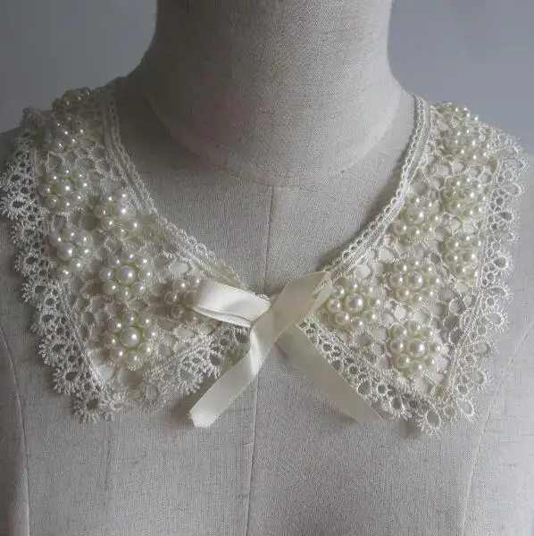 

Women's Korean Fashion pearl beaded white lace fake collar lady's leaf embroidery diy accessories Ties Detachable Collar R1015