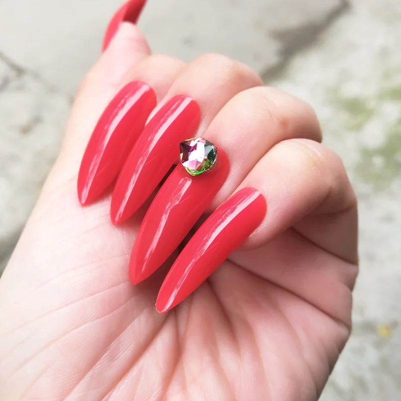 

Fashion extremely long fake nails red press on nail tips with large crystal free stickres