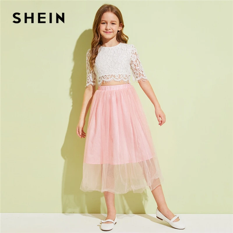 

SHEIN Kiddie Lace Overlay Crop Blouse And Mesh Skirt Girls Cute Set 2019 Summer Half Sleeve Sheer Zipper Kids Two Piece Sets