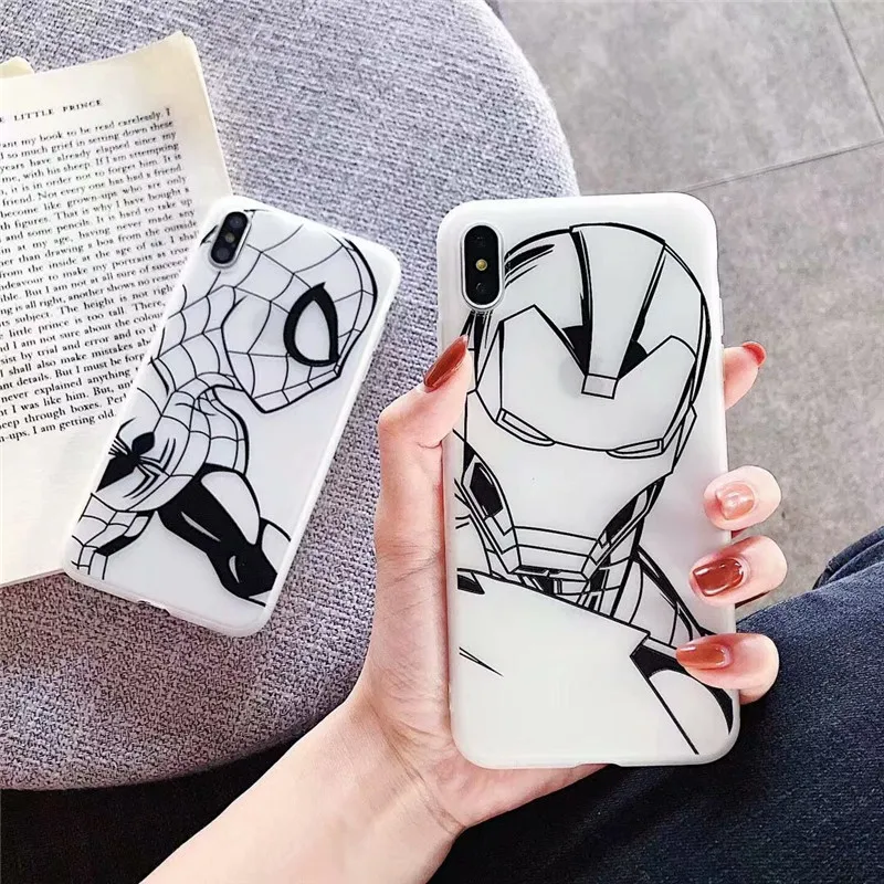 

JAMULAR Cartoon Spiderman Iron Man Phone Case For iPhone XS MAX XR X 7 8 6 6s Plus White Silicone Matte Back Cover For iPhone X