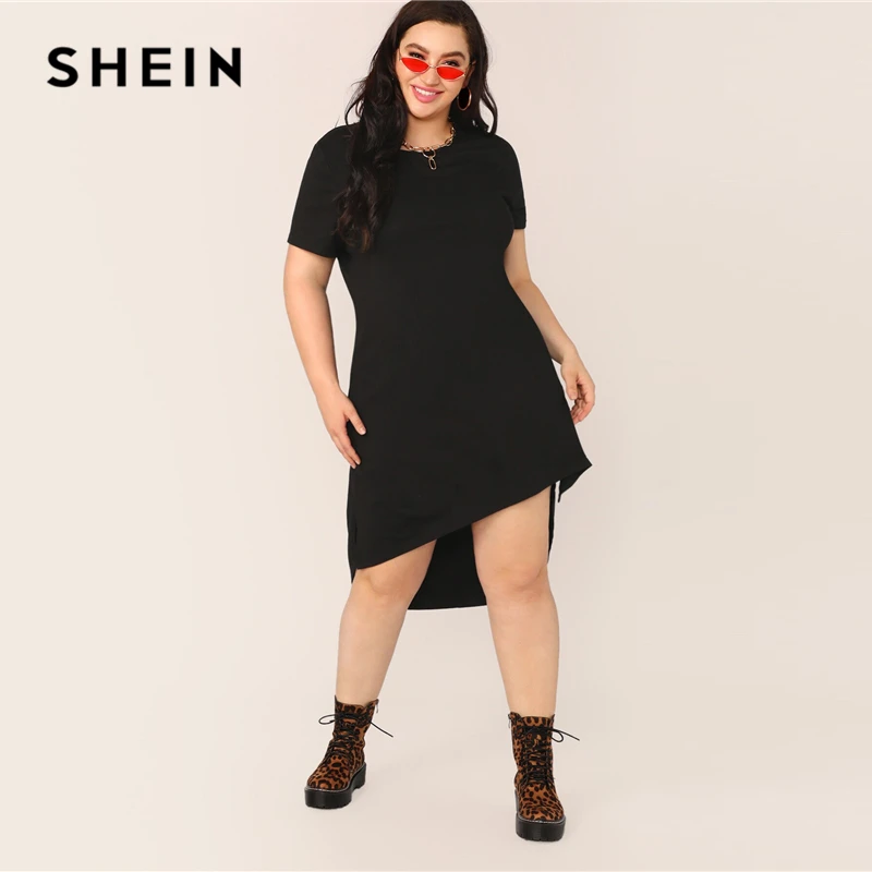 SHEIN, платье-туника размера плюс, черное, с разрезом, с высоким-низким подолом, однотонное,, женское, летнее, повседневное, с разрезом, прямое, плюс платья