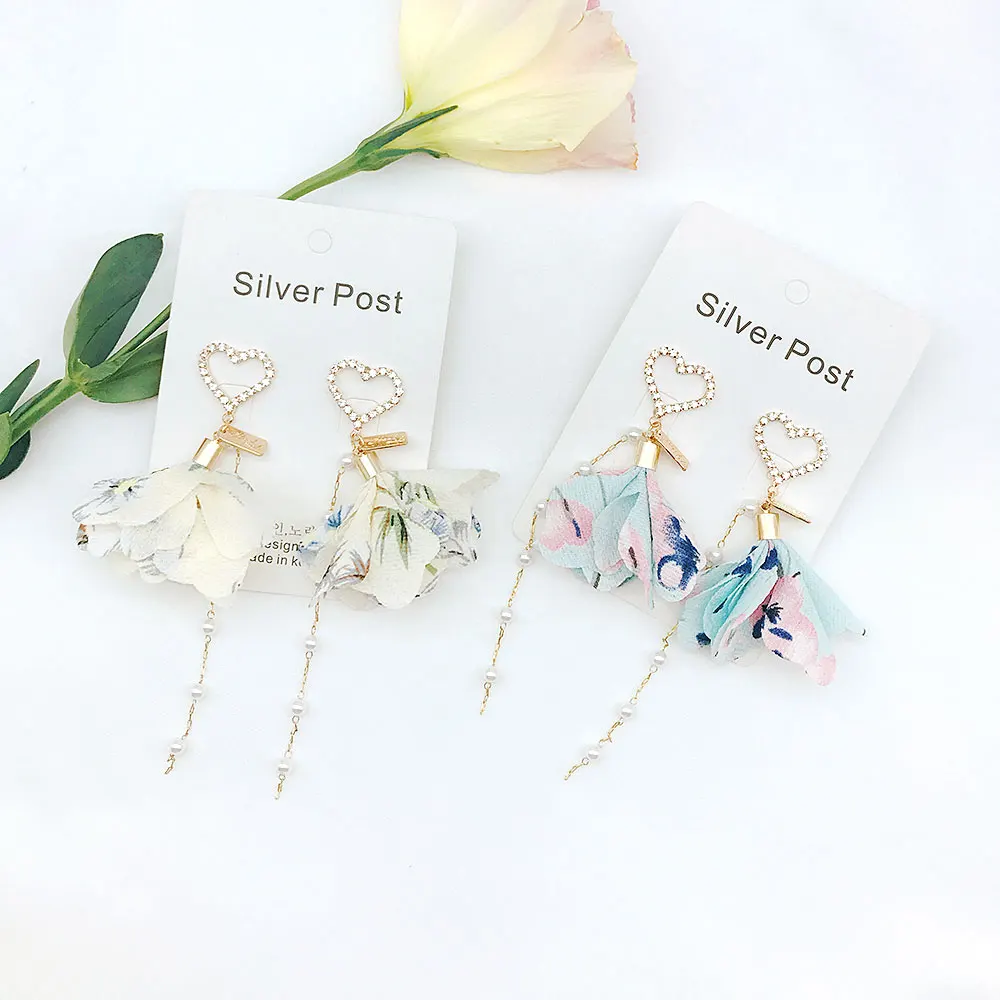 

New Korean Spring Style Flower Pendientes Mujer Moda Full Rhinestone Heart Fashion Pearl Tassel Drop Earrings For Women