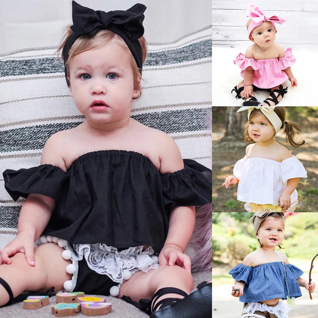 Newborn Infant Baby Girls T shirts Cute Ruffle Off Shoulder Denim Shirt