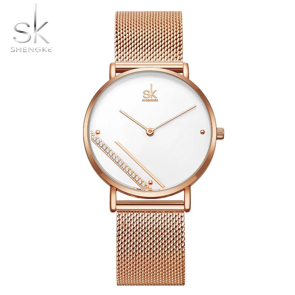 Shengke Rosegold Роскошные сетчатые женские часы Кристалл циферблат Reloj Mujer элегантные Кварцевые женские наручные часы Креативный Montre Femme