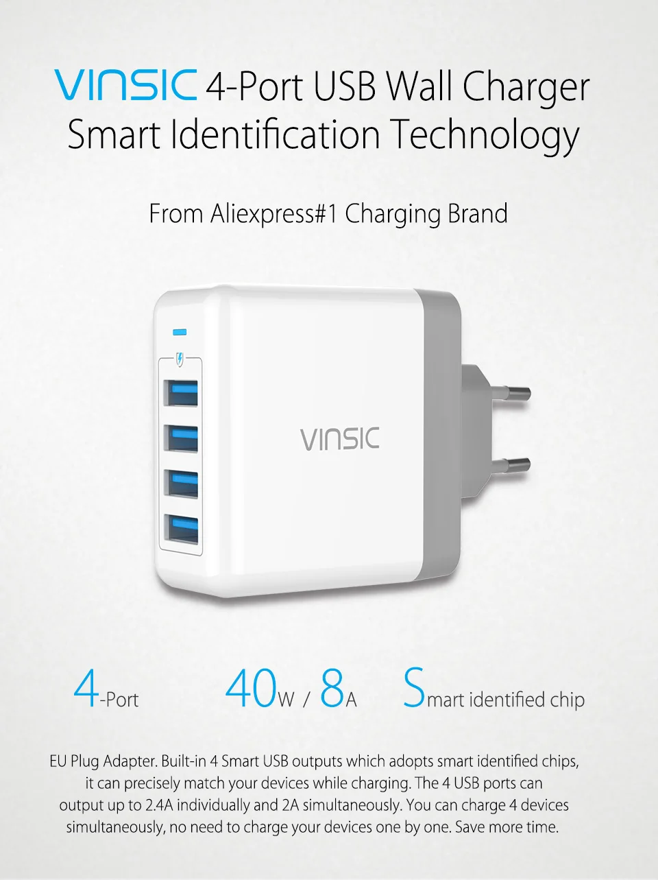 Vinsic портативное USB зарядное устройство 4 USB 5V 8A настенное зарядное устройство для путешествий зарядное устройство для samsung iPhone X 8 8 Plus Xiaomi huawei iPad iPod MP3