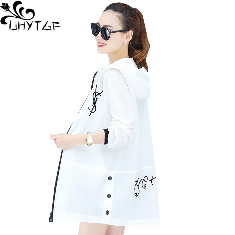 

UHYTGF Casual jacket women's fashion embroidery hooded summer coats Breathable sun protection clothing thin coat 3XL Plus size12