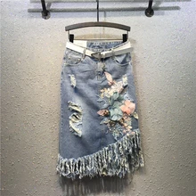 Плюс тянущаяся Высокая талия Цветочные Джинсовые юбки с вышивкой Женская короткая джинсовая юбка с разрезом Повседневная