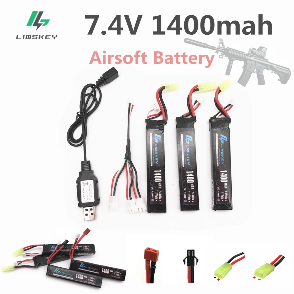 Limskey RC Lipo Battery 3pcs 7.4V 1400mAh with 7.4V Charger 25C Mini