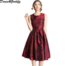 Talla grande 3XL mujeres Vintage Jacquard vestido de fiesta de vino 2018 nuevo otoño Casual estampado sin mangas tanque Midi vestido de fiesta