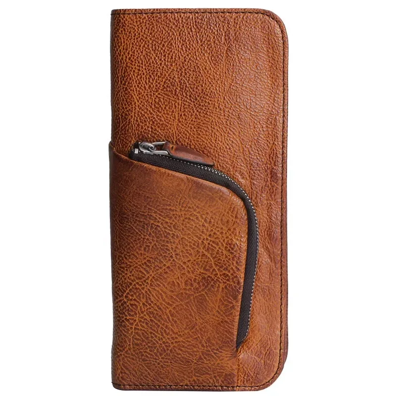 

Vintage Unisex Designer Genuine Leather Natural Cowskin Men's Black Tanned Long Card Wallet Coin Pocket Male Large Phone Clutch