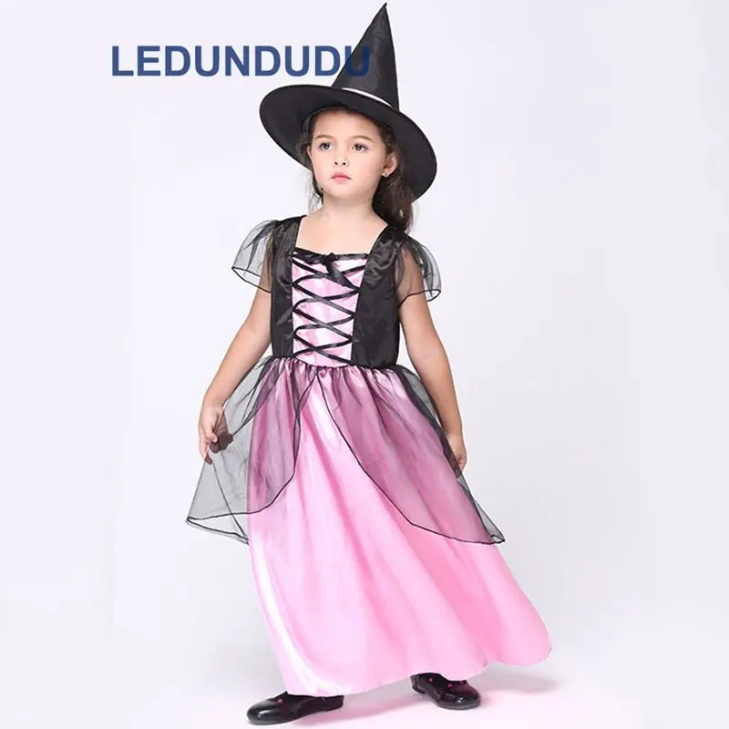Children Halloween Fancy Party Suit Girls Magic Witch Dress Kids Rose Witch Cosplay Costume with Hat  (2)