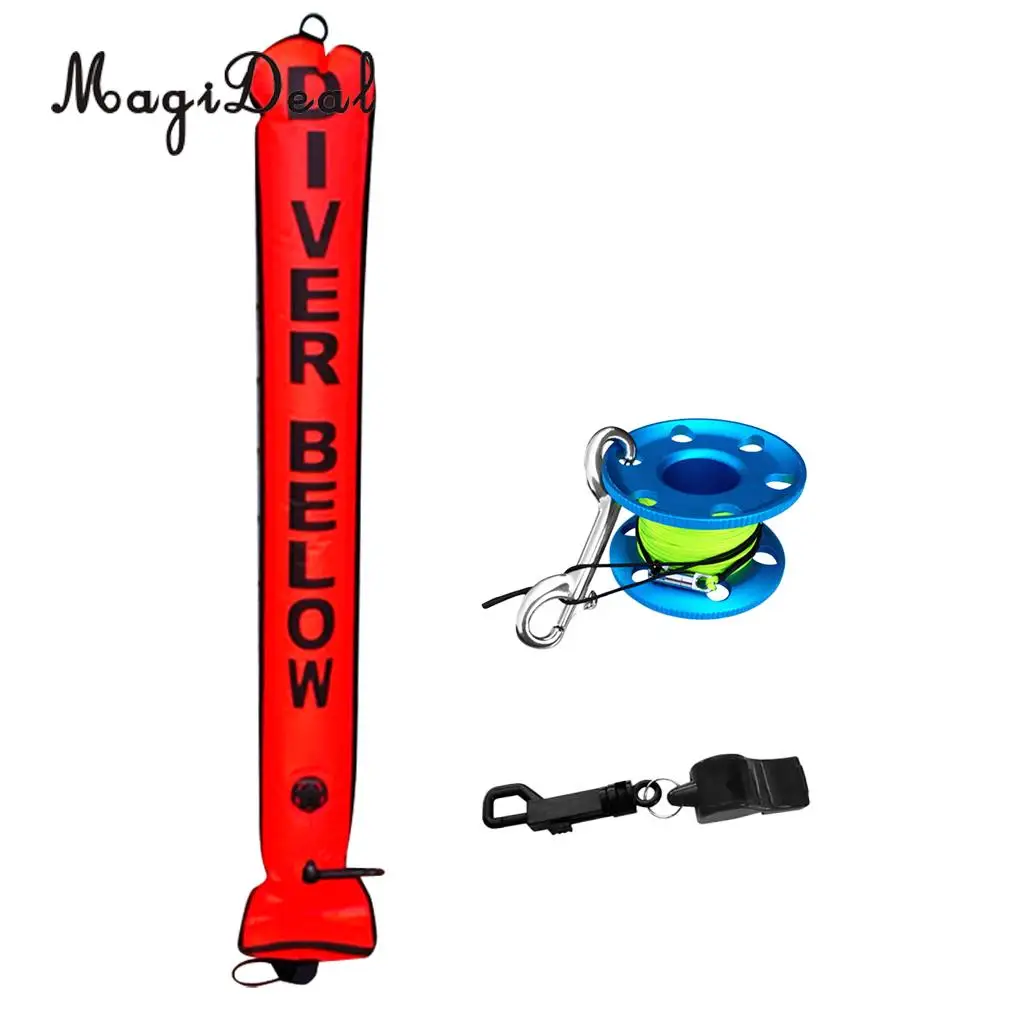 4FT Scuba Diving (SMB) Surface Marker Buoy Diver Signal Tube Orange + Dive Finger Spool Reel + Safety Emergency Whistle Black