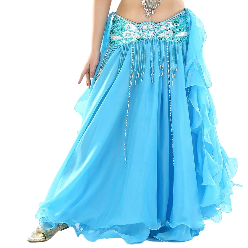Шифоновая юбка с двойным разрезом, юбка для танца живота, шифоновая юбка для танца живота с высоким разрезом, женское платье для танцев(без пояса), 13 цветов - Цвет: Turquoise
