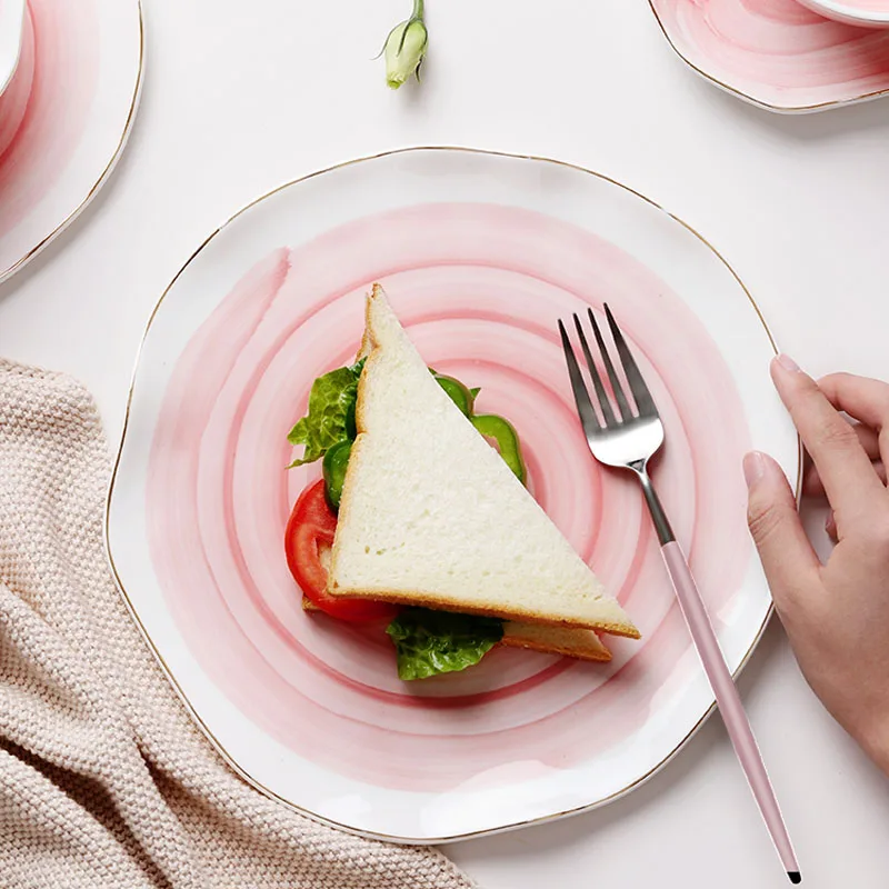 Столовая посуда, розовая Салатовая чаша, керамическая тарелка, Мраморная посуда для хранения, матовая синяя столовая посуда, набор, высокое качество, тарелка