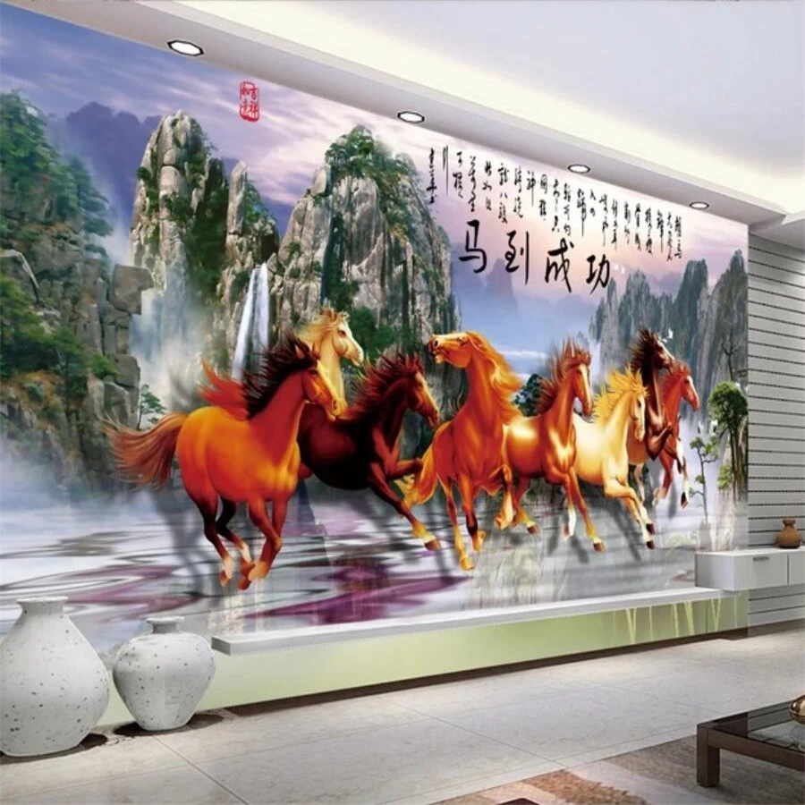 

Custom wallpaper 3D solid mural Chinese horse to success eight horses landscape TV background wall papers home decor wallpaper