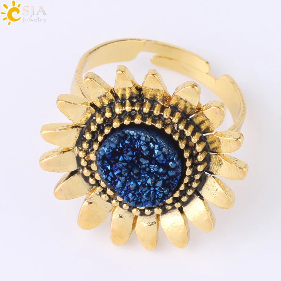 CSJA Друза природного камня кольца для девушек леди золотого цвета сплав подсолнух цветок регулируемое кольцо Трендовое свадебное ювелирное изделие F761 - Цвет основного камня: Blue