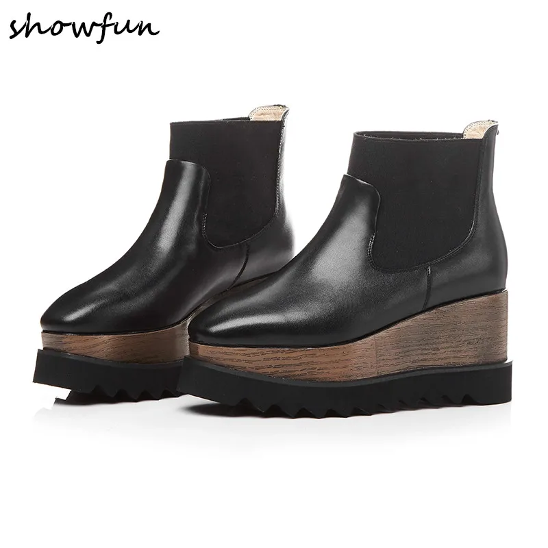 

Women's genuine leather wedge platform slip-on punk ankle boots brand designer leisure autumn short booties comfort shoes sale