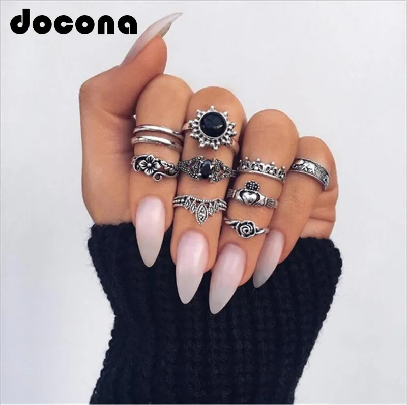 

docona Tribal Silver Black Stone Flower Heart Rings Set Bohemian Midi Ring Set Vintage Steampunk Anillos Knuckle Rings 4985