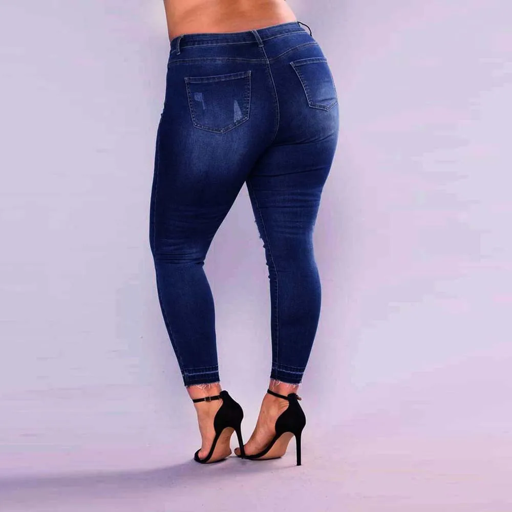 Новая мода для женщин дамы плюс размер рваные стрейч тонкие джинсы скинни Брюки Высокая талия брюки женская одежда Прямая доставка