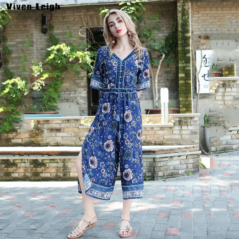 V Neck Backless Tassel Sexy Long Playsuit Button Lace Up Slim Boho