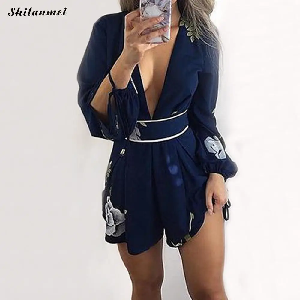 Sexy Floral Print Blue Backless Playsuit Women Jumpsuit