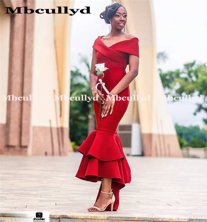 Mbcullyd Королевский синий платье подружки невесты в стиле русалки сексуальные с открытыми плечами африканские женские Формальные платья для вечеринок Hi-Low свадебное платье для гостей - Цвет: Красный