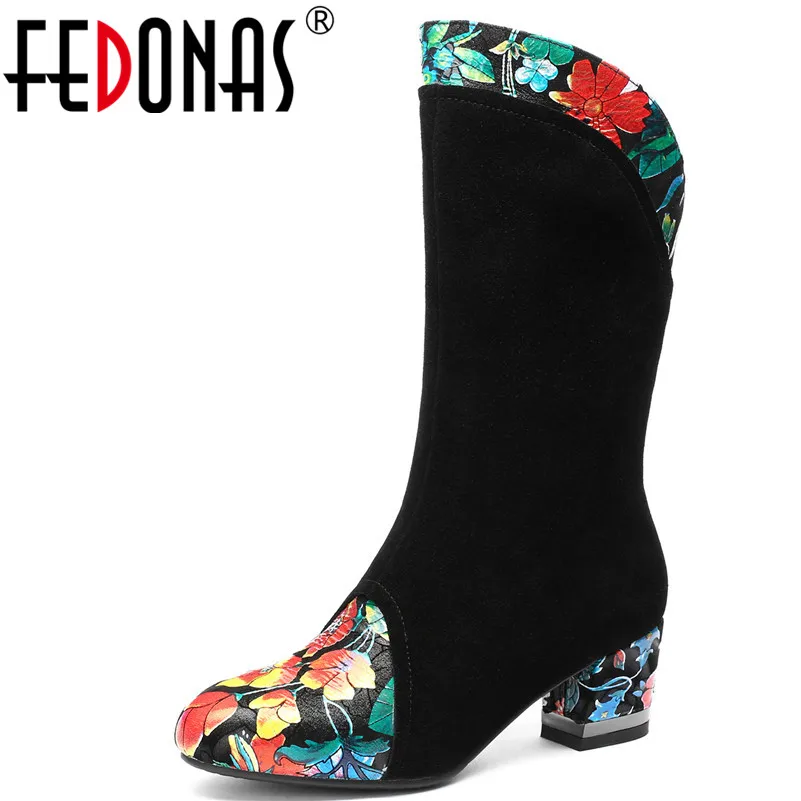 

FEDONAS Fashion New Prints Mid-calf Boots High Heels Zipper Long Autumn Winter Party Wedding Shoes Woman Sexy High Martin Boots