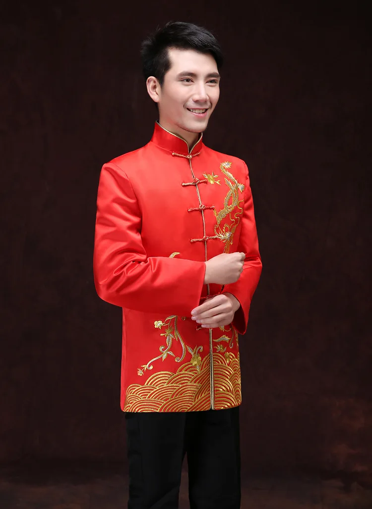 Длинный рукав Дракон мужской костюм для выступлений китайский туника костюм мужской красный свадебный пиджак китайский традиционный костюм Жених Топ 89