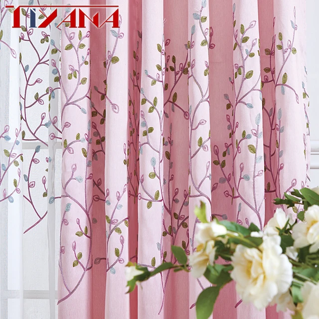 Korean Embroidered Leaves Pink Blackout Curtains For Living Room Korean Embroidered Leaves Pink Blackout Curtains For Living Room Blue Linen Fabric White Sheer Tulle D