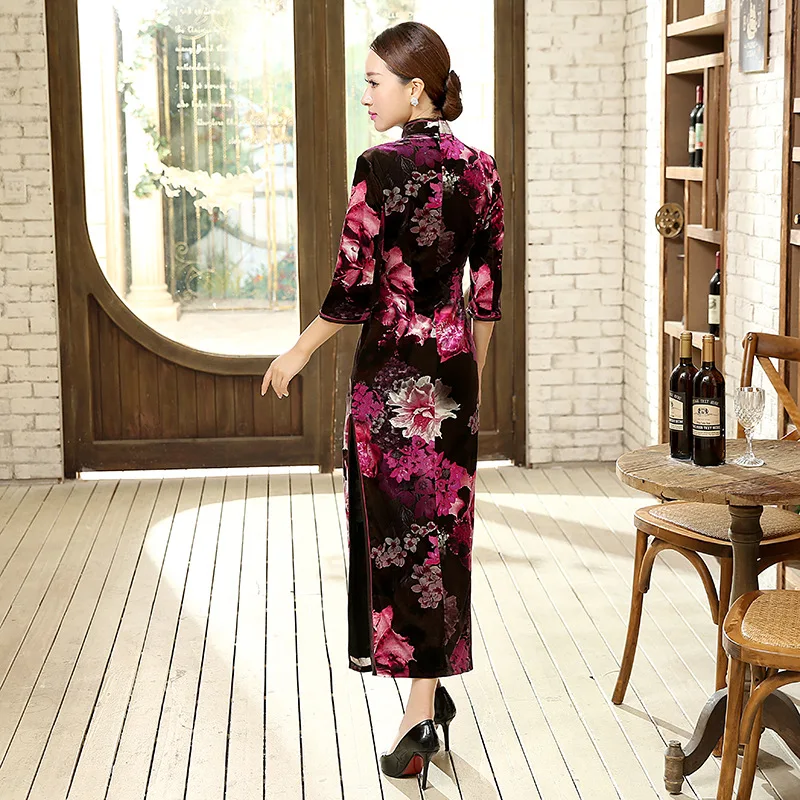Otoño más caliente Borgoña clásico de las mujeres chinas Qipao Long Cheongsam Top baile vestido tamaño S M L XL XXL XXXL - 4