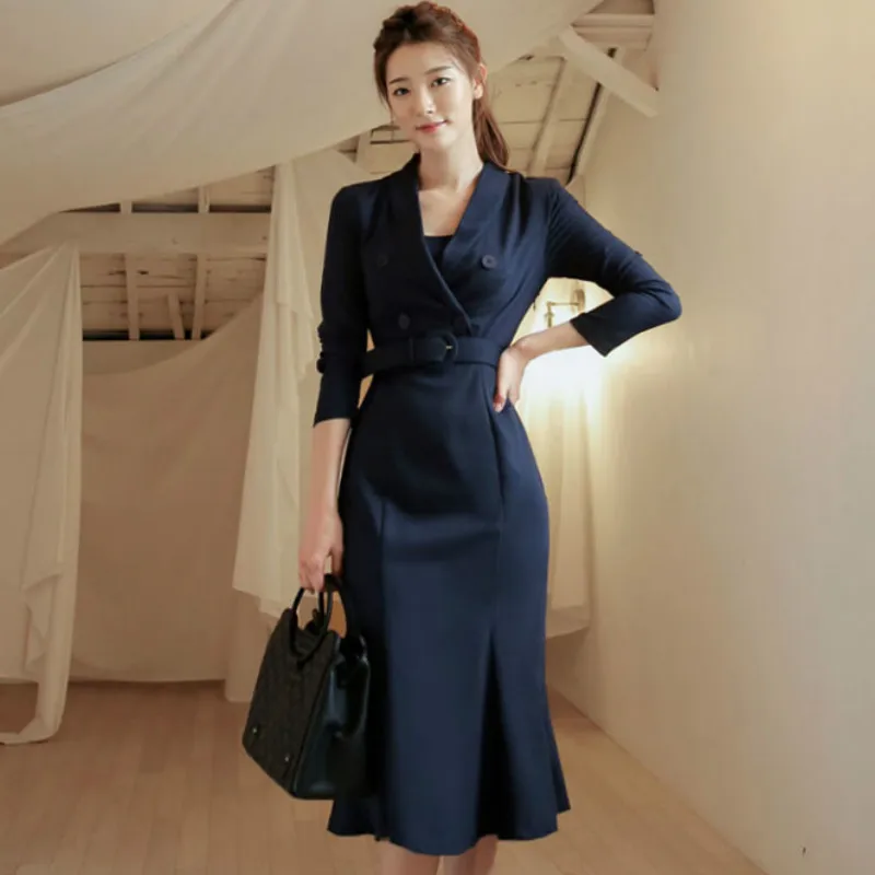 

2019 Winter Notched Belt Full Sleeve Office Cloth Women Bodycon Solid Fishtail Knee-Length OL Work Dress