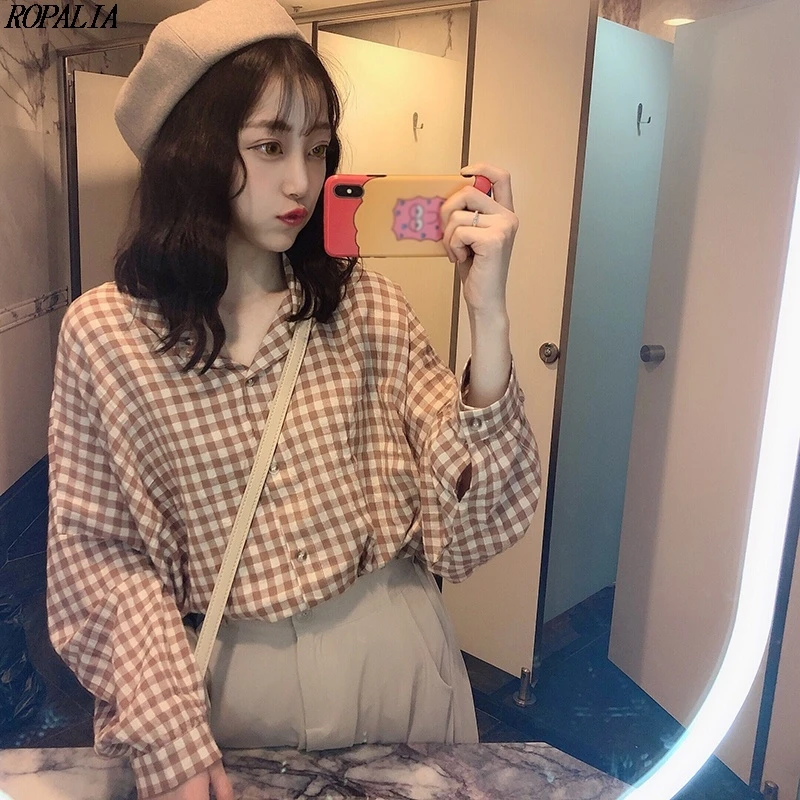 

2019 Women's Summer Women's Sets Turn-down Plaid Print Long Sleeve Blouse + Solid Ankle-Length Skirt Two-Piece Sets