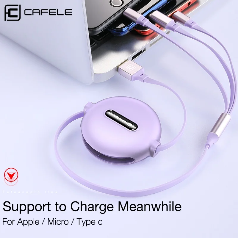 Caja protectora CAFELE 3 en 1 Cable USB retráctil para iPhone Micro tipo C 8 Pin portátil Cable para Samsung Huawei Xiaomi cable USB de sincronización de datos