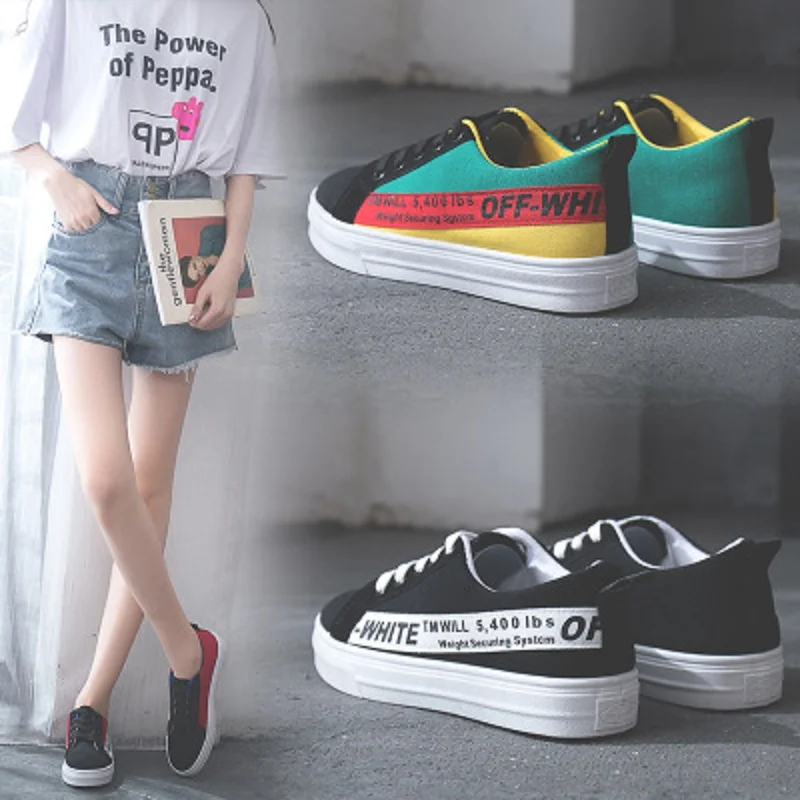 

2018 summer new street shooting color canvas shoes women's color flat bottom lace-up shoes