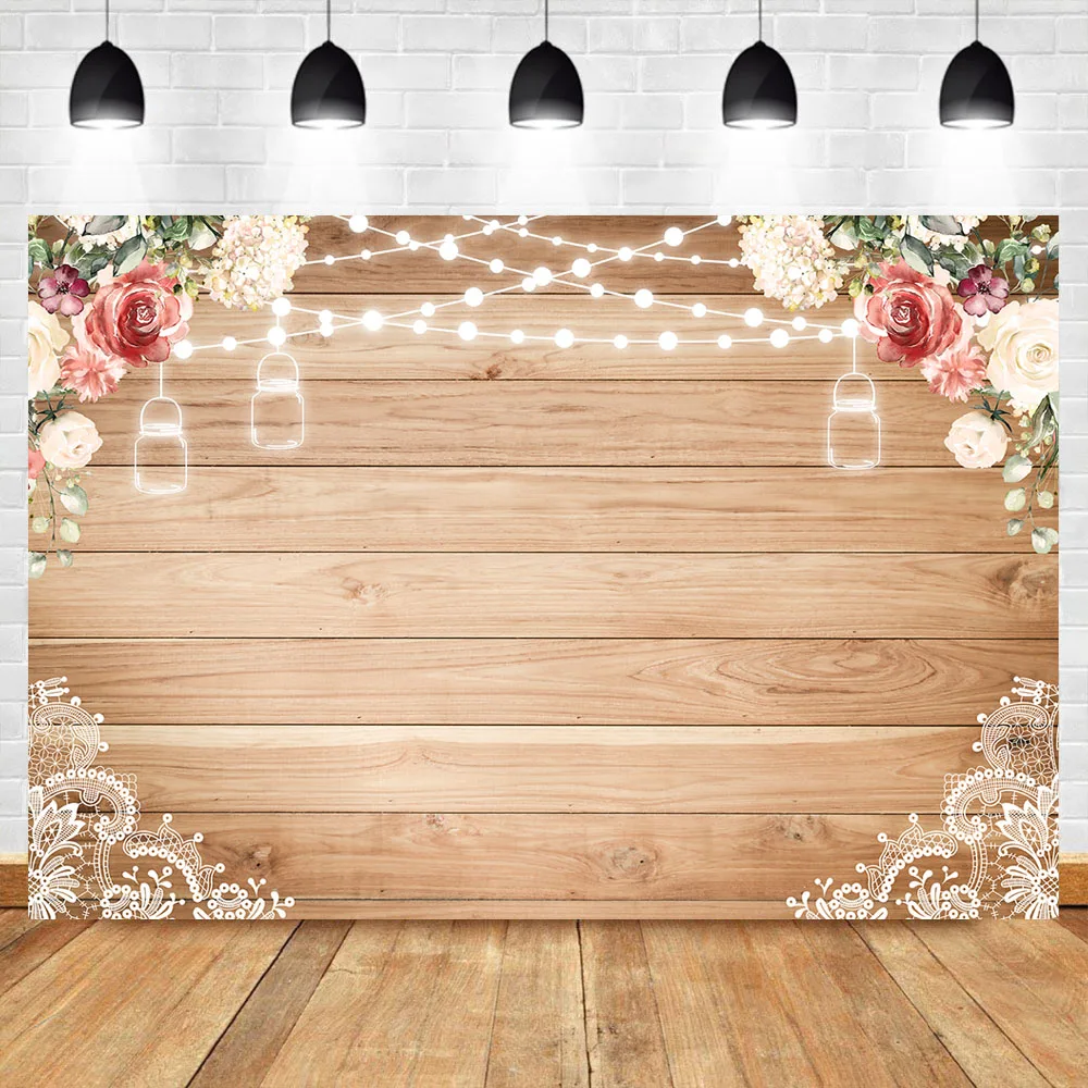 

Rustic Wood Baby Shower Backdrop Vinyl Flowers String Light Photography Background Rustic Wood Birthday Party Banner Backdrops