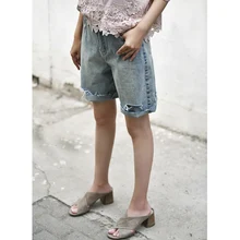 N2958 в Корейском стиле; свободные хлопковые прямые трубки мужкая цельнокроенная с Необработанными краями с высокой талией Ковбойские шорты для женщин