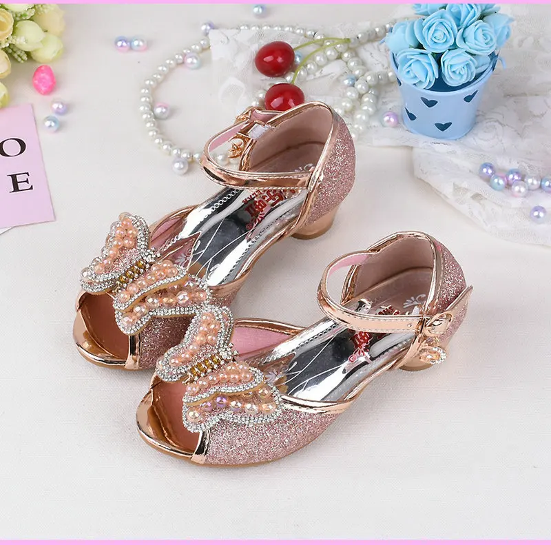 Летняя жемчужина-бабочка, детские сандалии для принцесс, обувь для девочек, кожаные туфли на высоком каблуке с бантом в Корейском стиле - Цвет: Gold